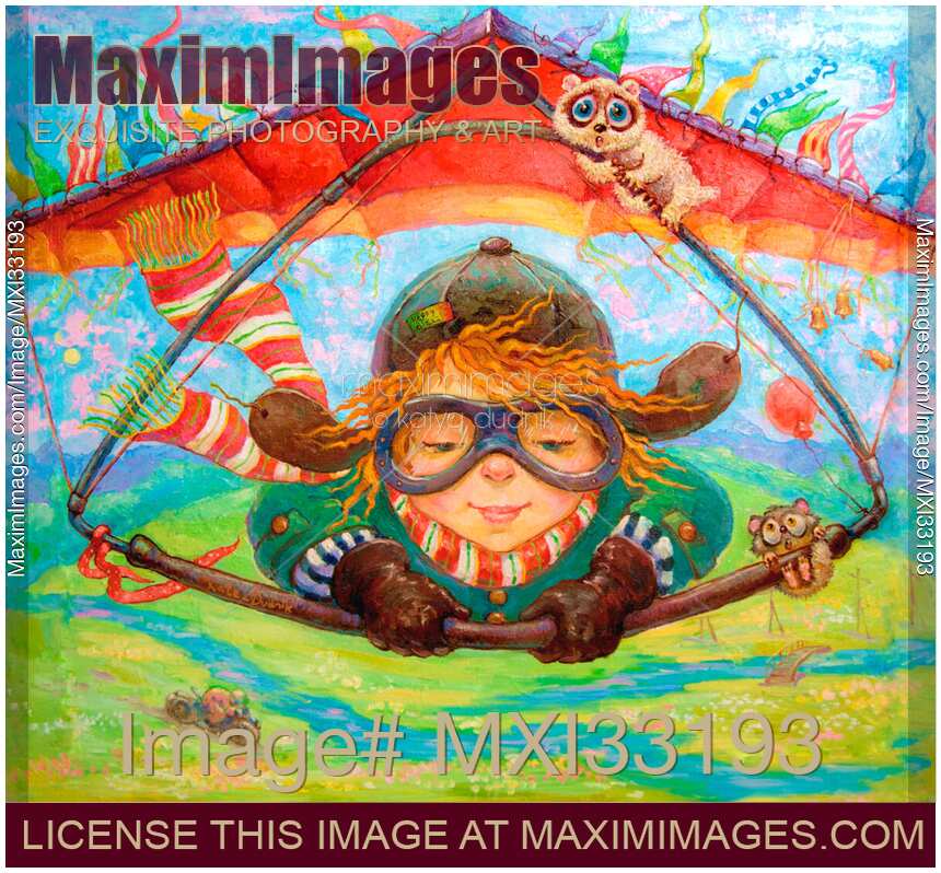 Little girl adventurer in goggles piloting a hang glider in the air Inspiring children oil painting