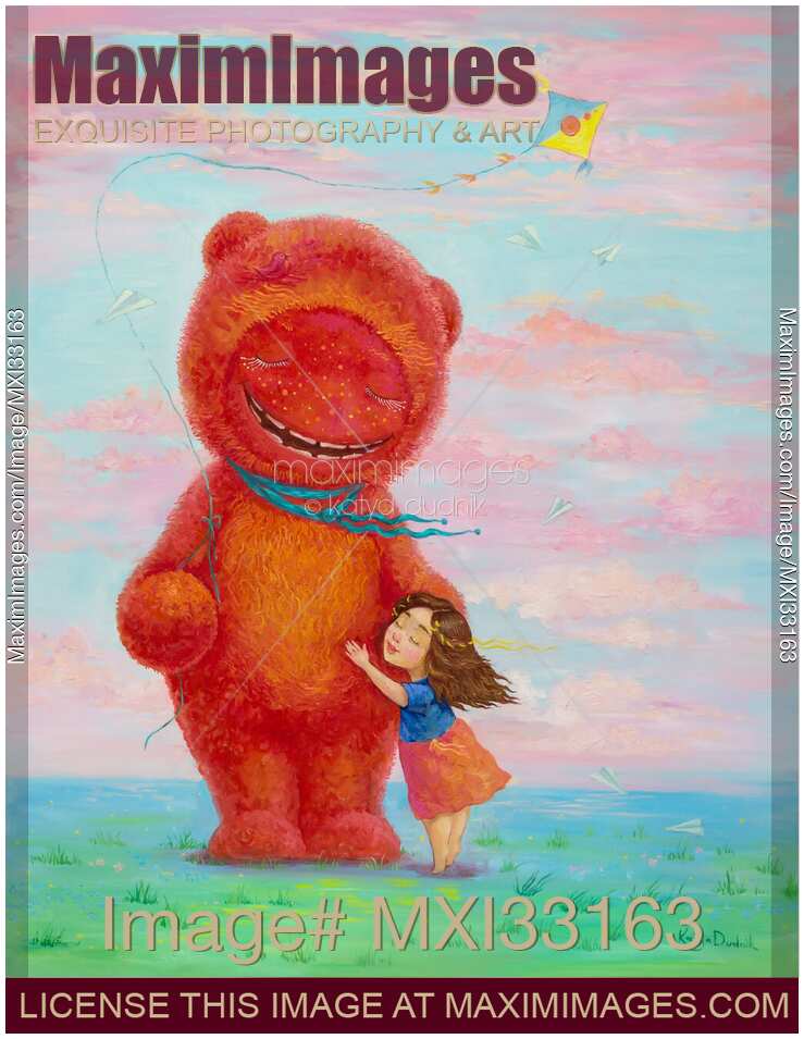 Little girl hugging a huge red fuzzy teddy bear with a kite in a magical dream fantasy world