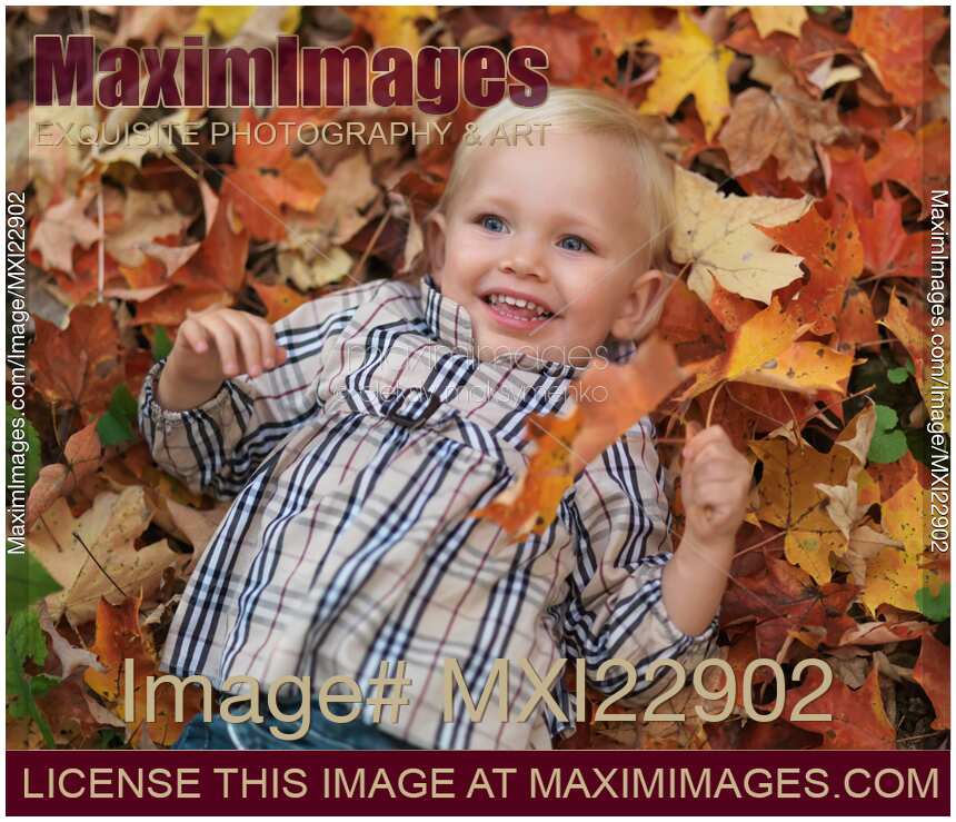 Little Girl Lying on Fallen Autumn Leaves