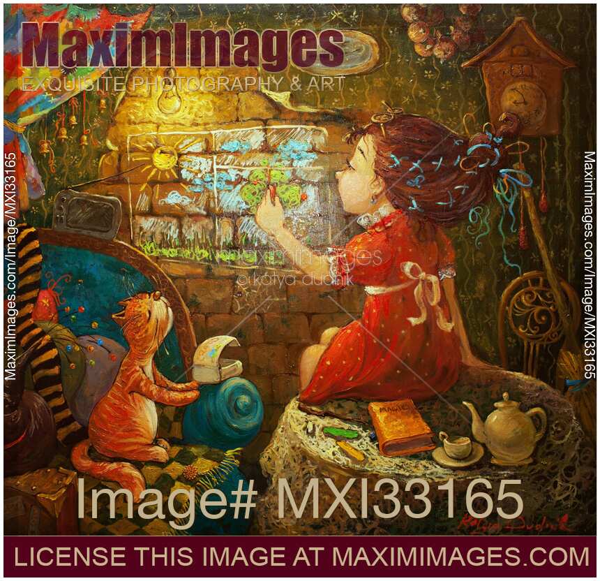 Little girl with a cat who paints her dream of a bright sunny window on a brick wall in dark room