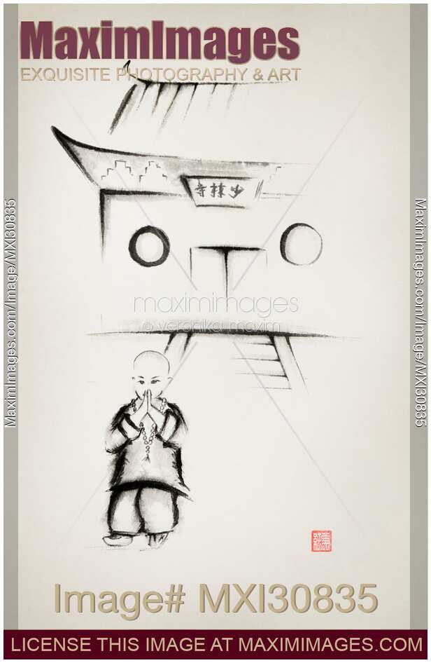 Little Shaolin monk in front of the Shaolin temple gate Zen Sumi-e vintage style painting