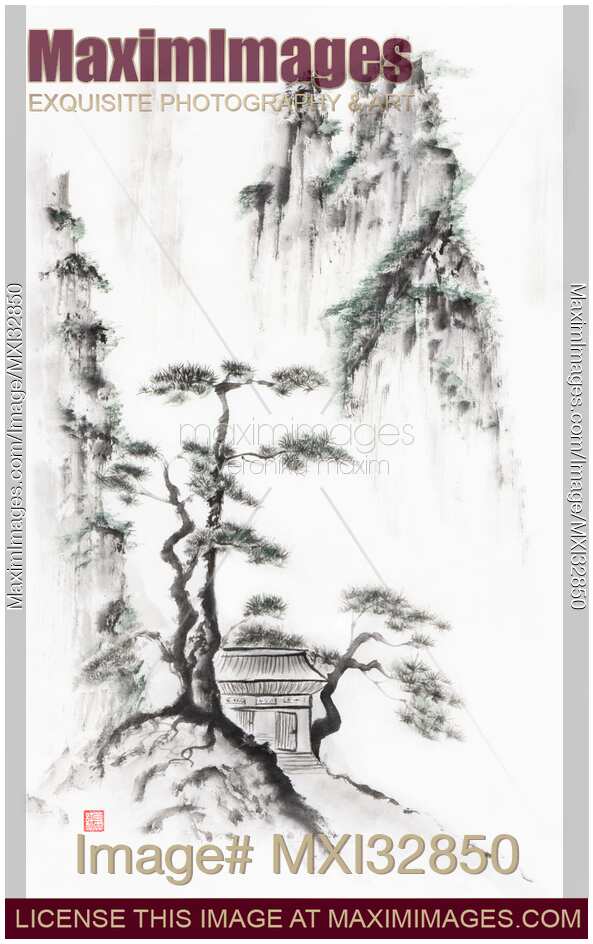 Little temple gate with pine trees in the mountains Zen landscape Fine art sumi-e painting