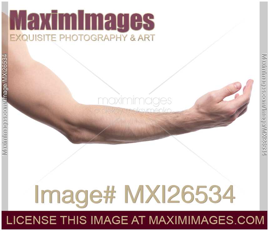 Man arm bent at elbow with open palm