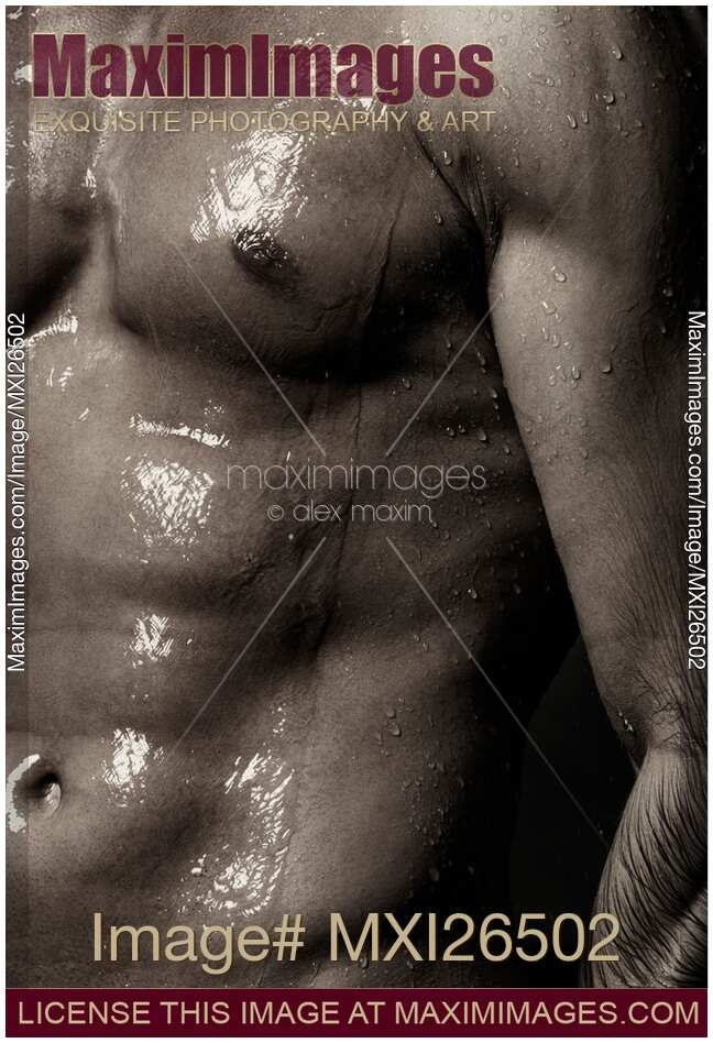 Man bare torso wet under shower