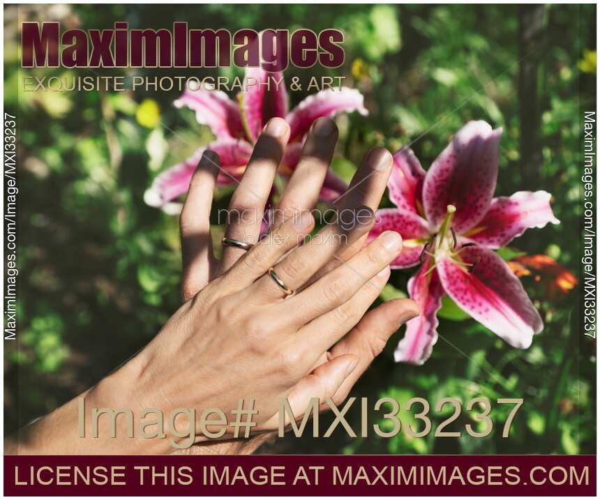 Married couple hands with golden wedding rings