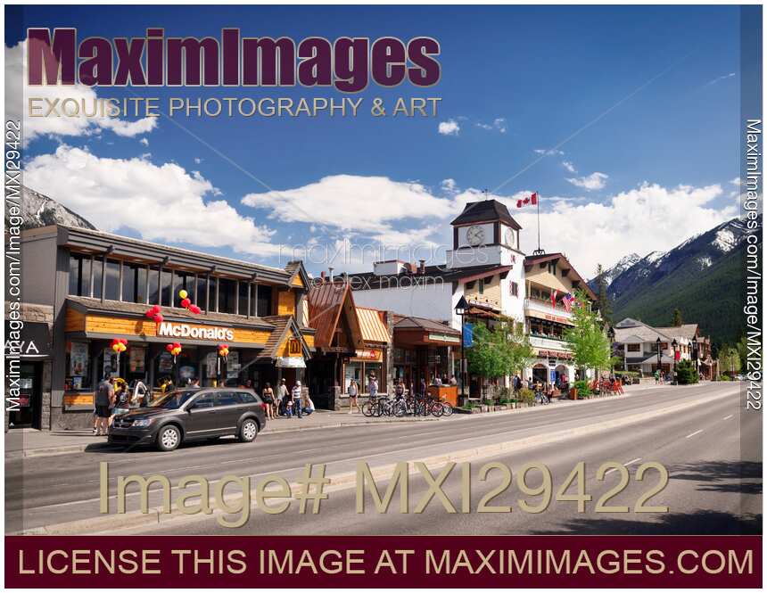 McDonald's and other shops and restaurants in downtown Banff in Alberta Rockies