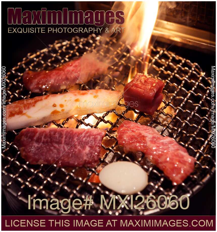 Meet cooked on grill at Japanese restaurant