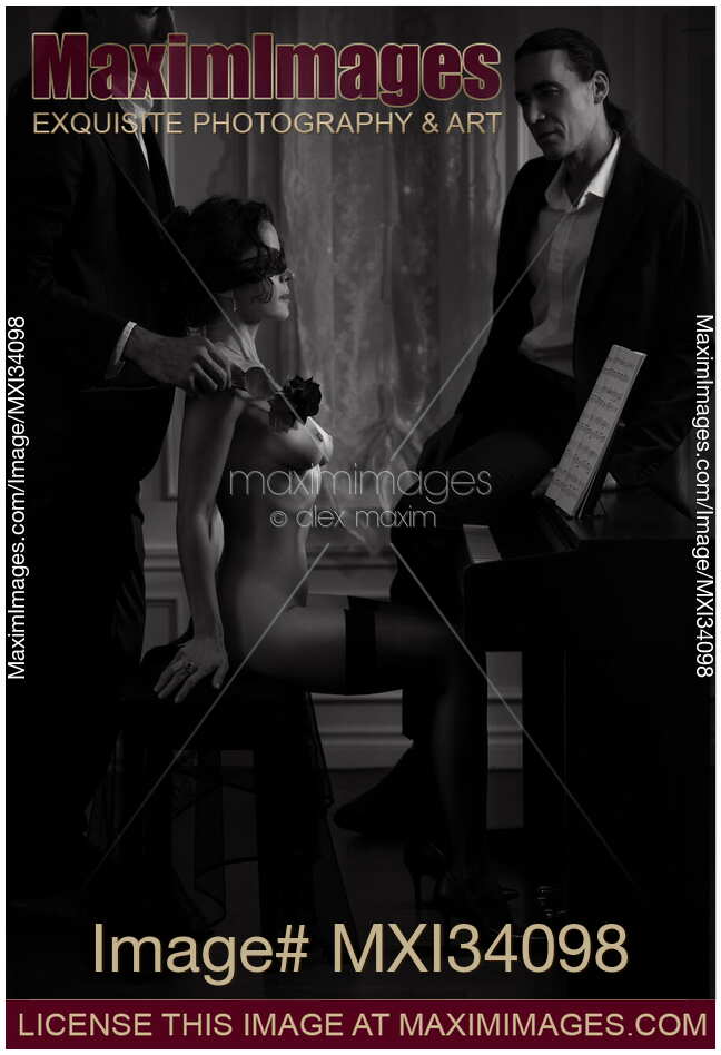 Menage a trois, romantic trio of two gentlemen seducing a gorgeous woman playing piano naked Noir black and white