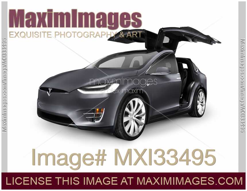 Metallic gray Tesla X luxury SUV electric car with open falcon-wing doors