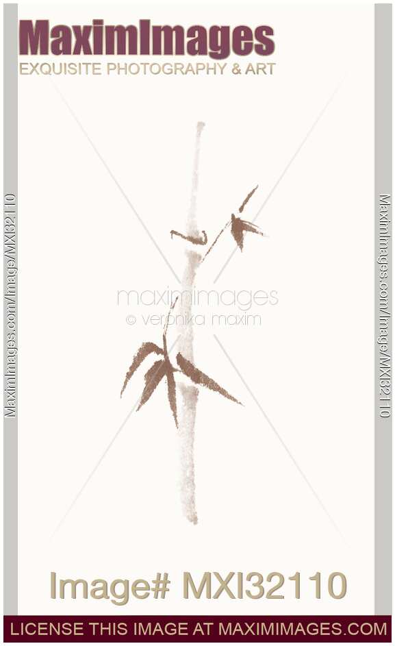 Minimalistic bamboo branch with leaves mini sumi-e artwork in beige