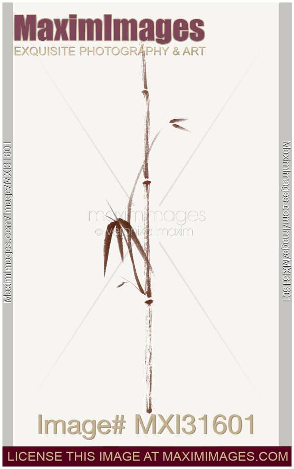 Minimalistic bamboo branch with leaves sumi-e artwork brown on light beige