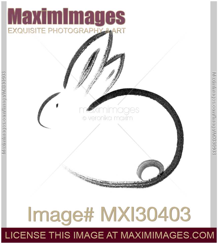 Minimalistic bunny Sumi-e painting design illustration on white