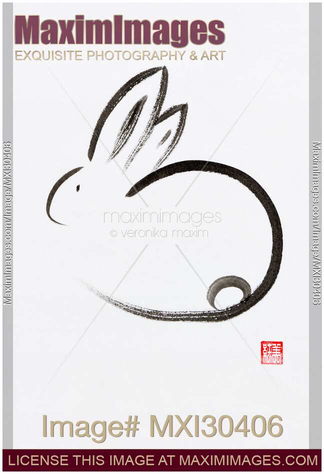 Minimalistic cute bunny Japanese Zen Sumi-e painting on white rice paper