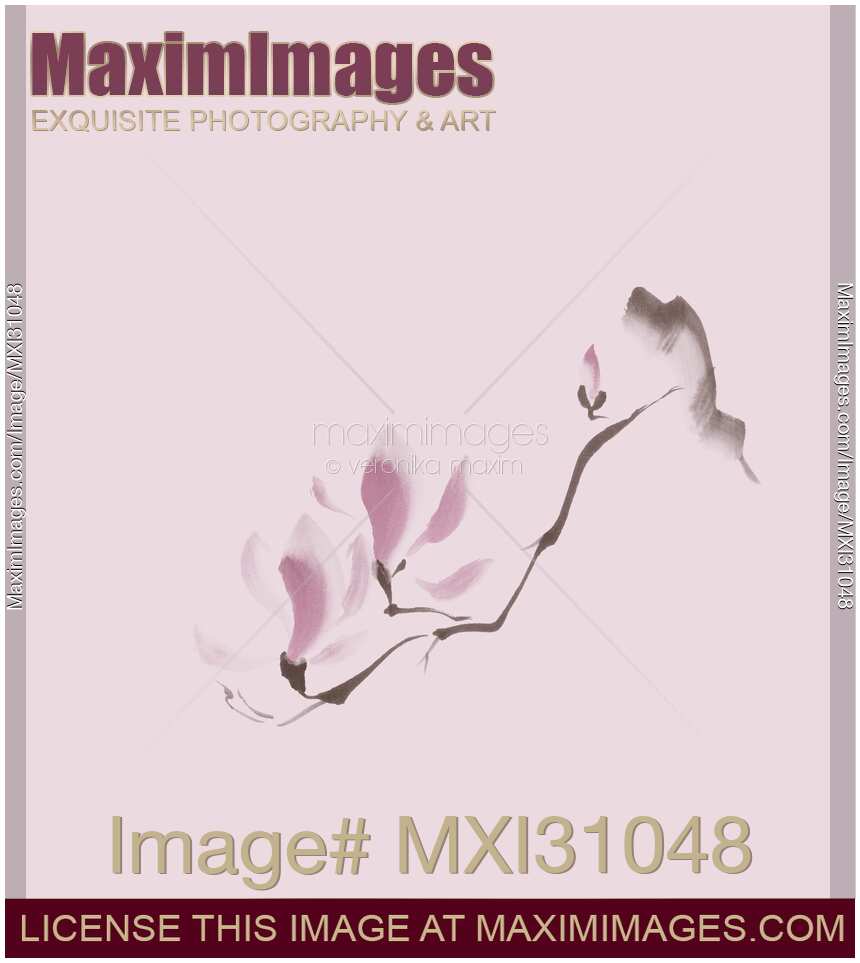 Minimalistic elegant magnolia branch Japanese Zen illustration on pink background