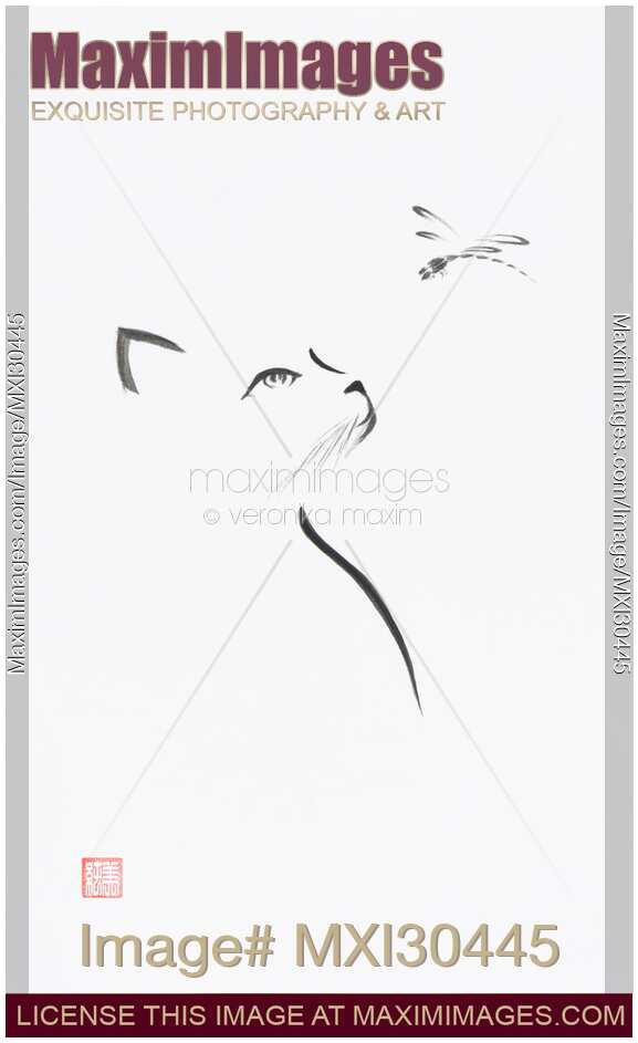 Minimalistic Sumi-e painting of a cat looking up at a dragonfly Japanese Zen illustration on white rice paper