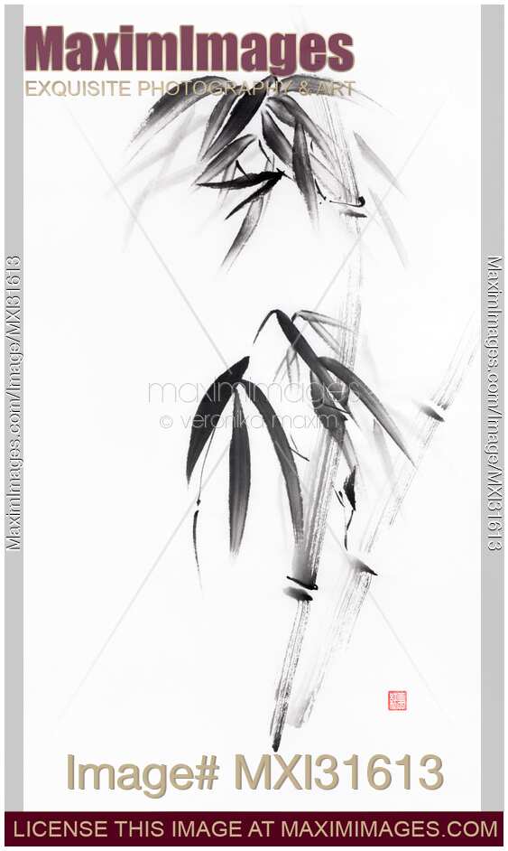 Minimalistic zen sumi-e ink painting of bamboo stalks with bushy leaves