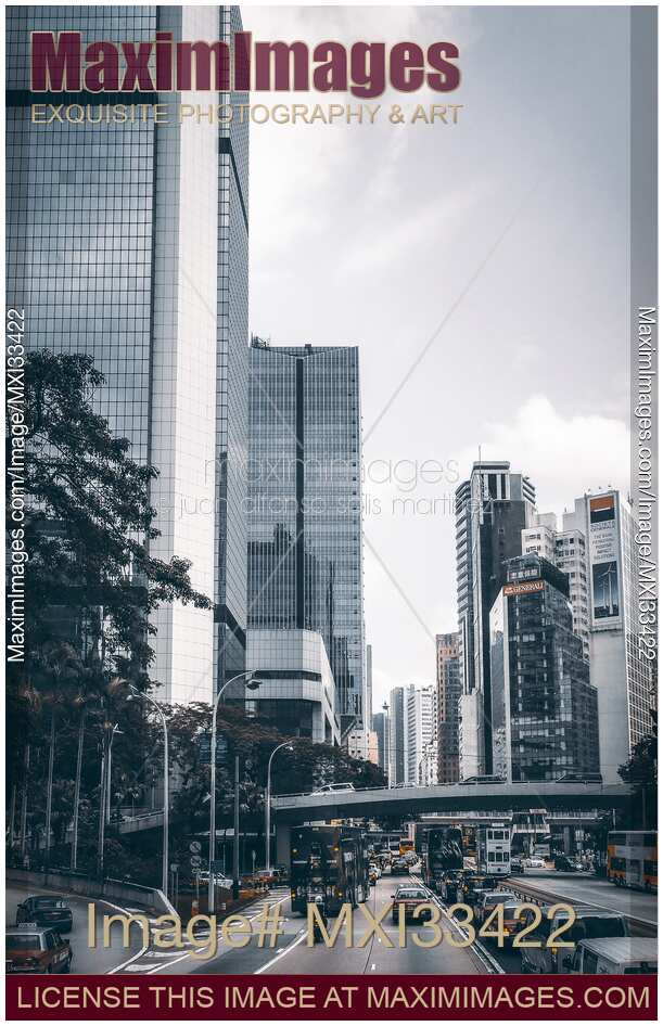 Modern architecture high-rise office buildings on streets of Hong Kong China