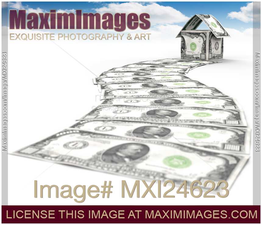 Money path to a house made of dollars under blue sky
