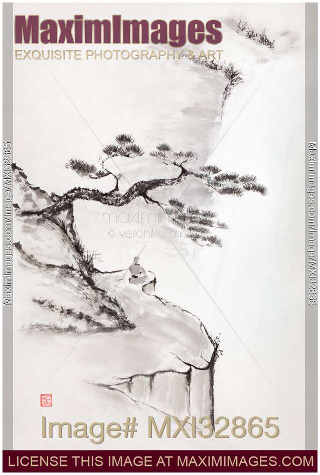 Monk meditating on the edge of a cliff by the waterfall Oriental sumi-e painting