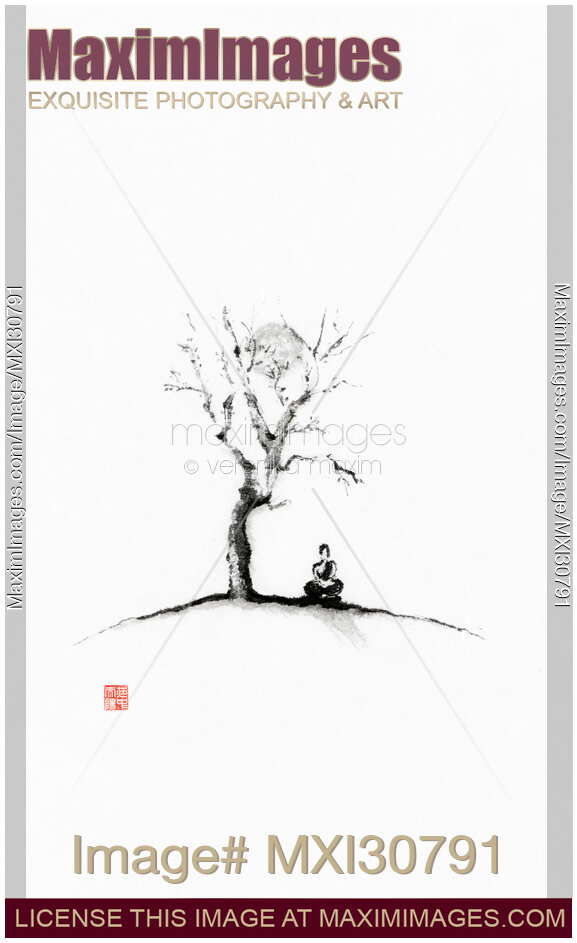 Monk meditating under a sakura tree in moonlight Japanese Zen Sumi-e painting