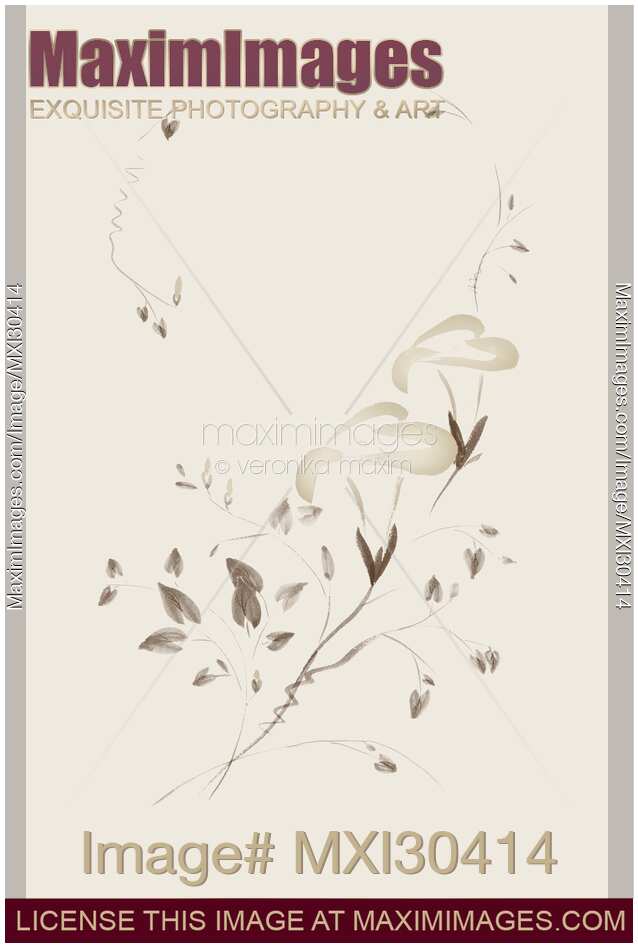 Morning Glory flowers Sumi-e illustration artistic design on light beige