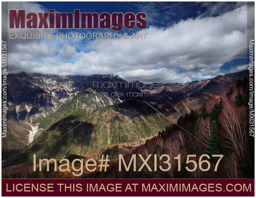 Mount Kasa and Mt Nuketo peaks view Japan Hida Mountains autumn scenery