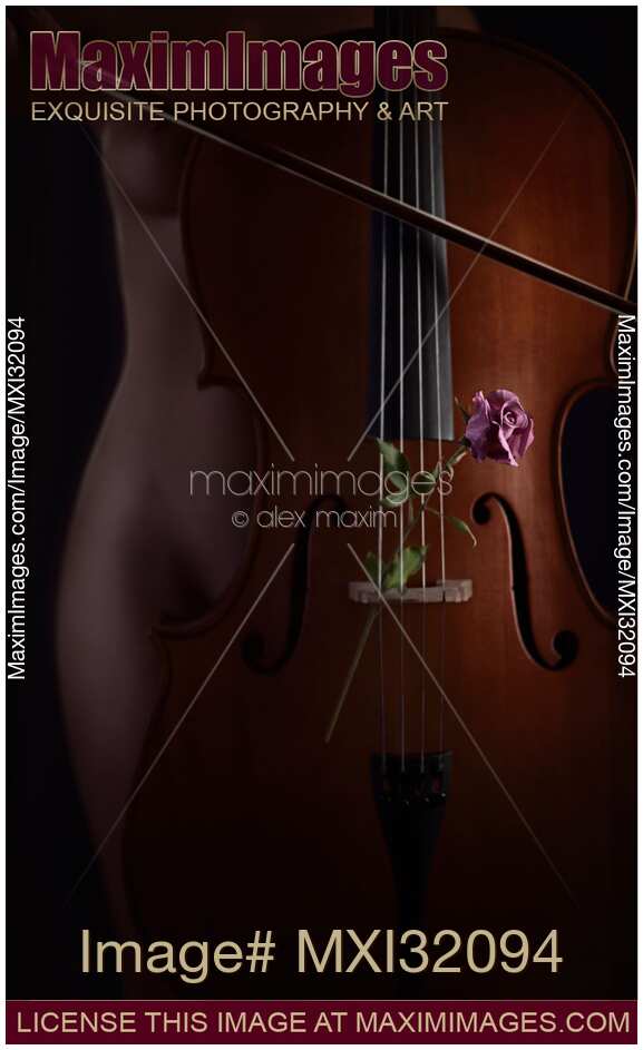Mysterious nude woman silhouette behind a cello with a rose in strings Romantic sensual concept
