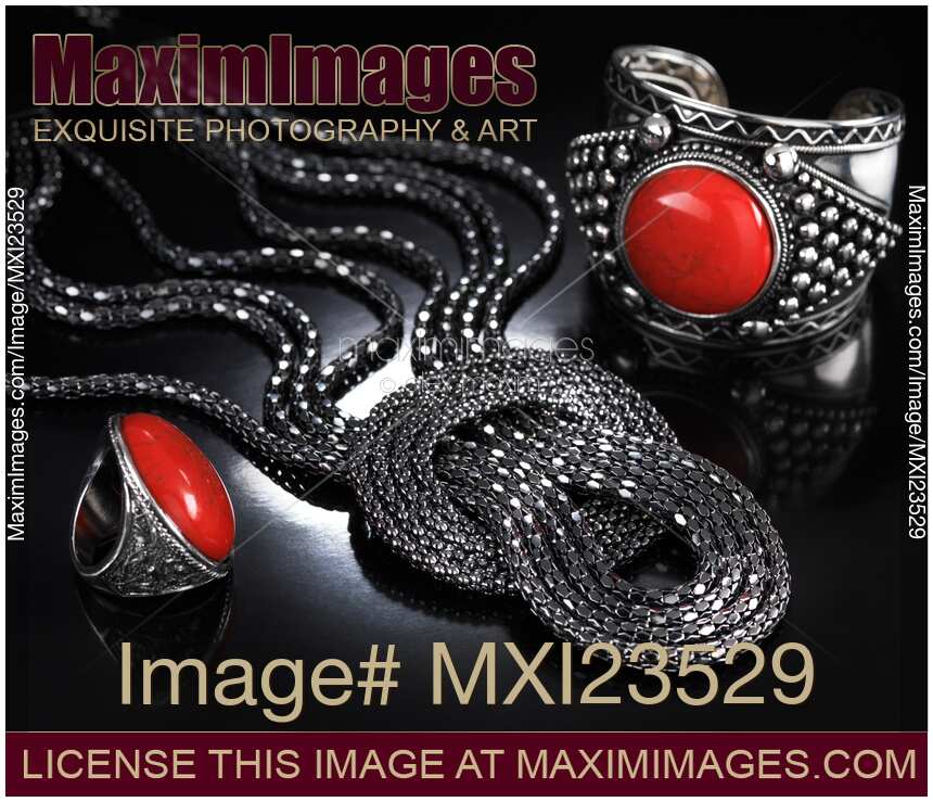 Necklace Bracelet and Ring with Red Stones