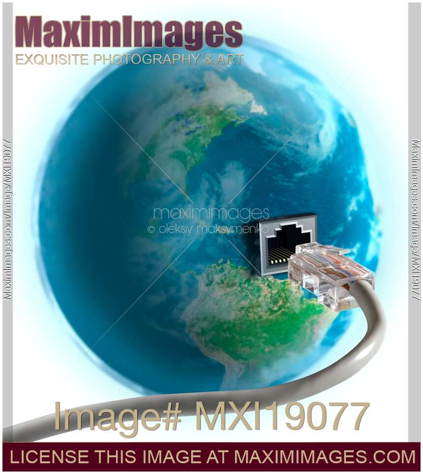 Network cable plug in Earth globe Internet and communication concept