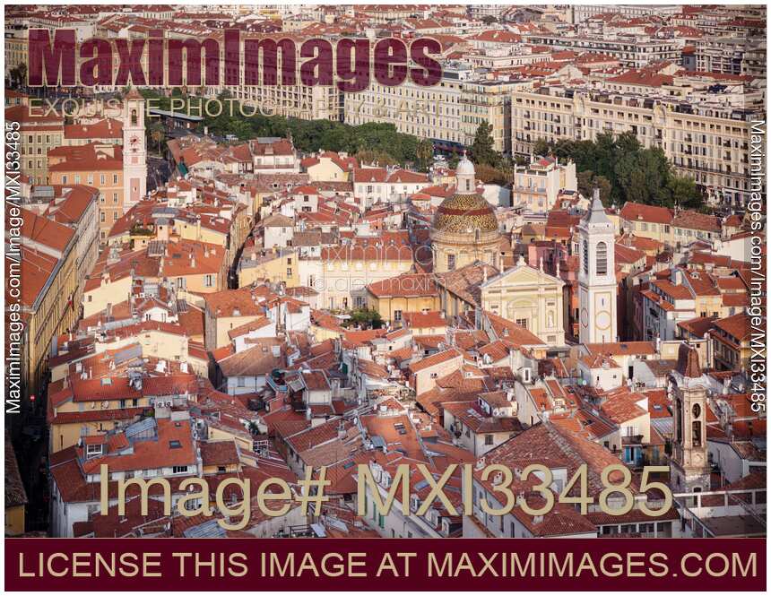 Nice Cathedral and rooftops of historic buildings in old city of Nice, France aerial landscape
