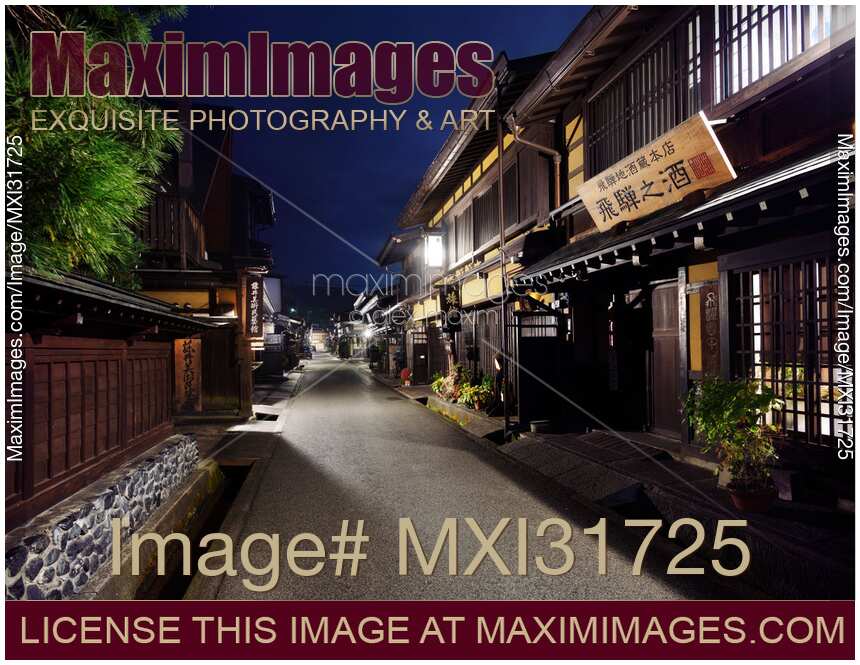 Nighttime scenery of Kamisannomachi old town street in Takayama Japan