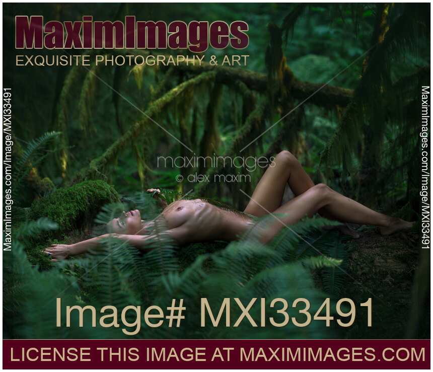 Nude woman lying on a mossy tree trunk in a dark green forest nature scenery caressing herself with a fern branch