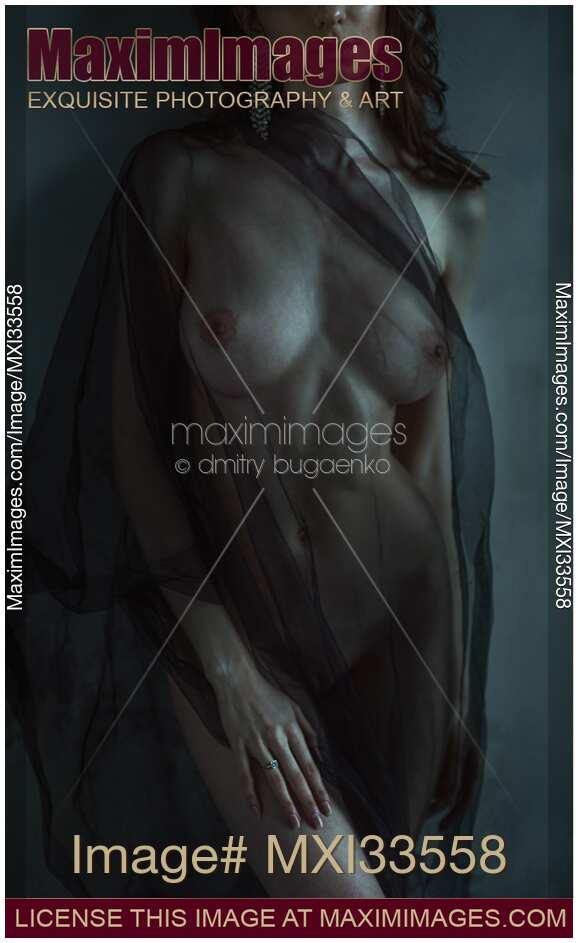 Nude woman standing by the wall in dark room her naked body covered with see-through black mesh scarf