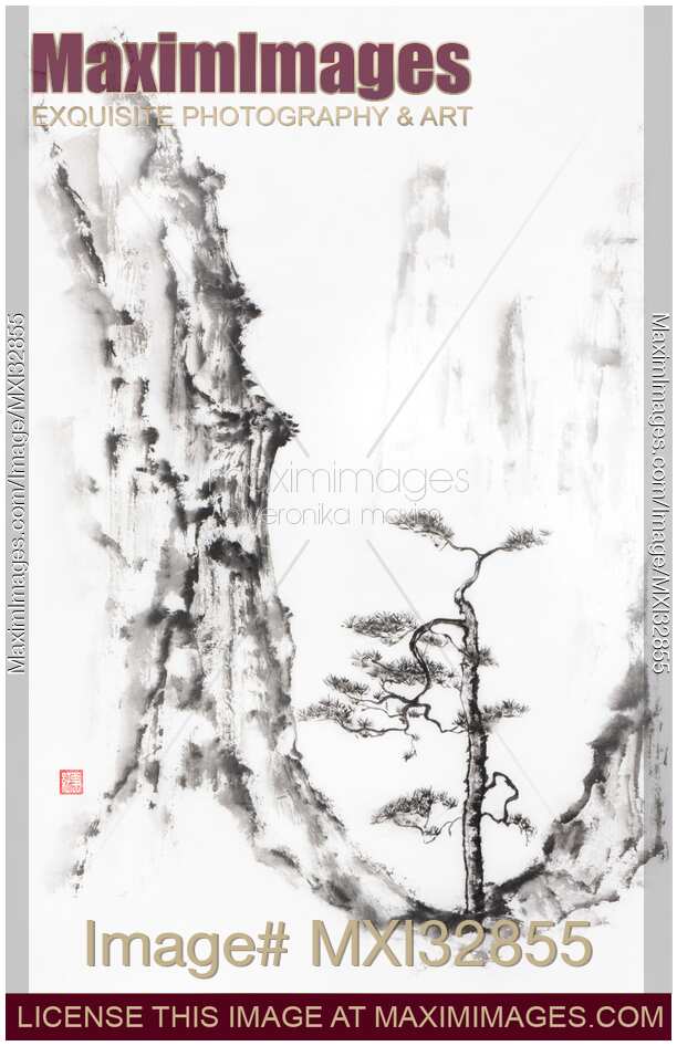 Old crooked pine tree at the foot of a mountain Chinese brush landscape painting