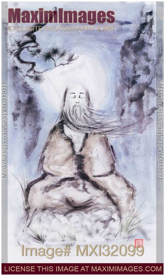 Old Daoist sage meditating under a pine in mountains with full moon