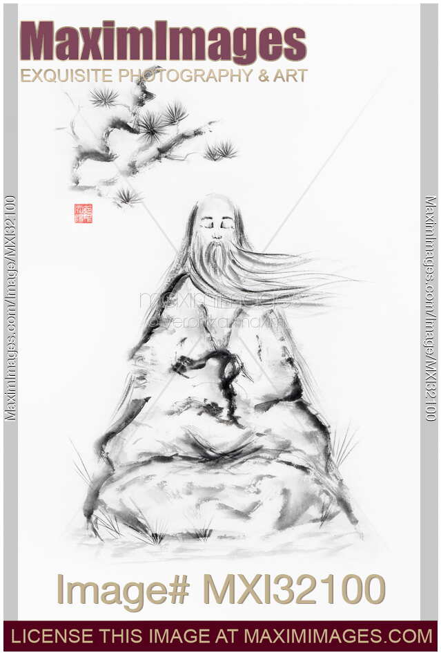 Old Daoist sage wise master meditating under a pine branch Zen illustration