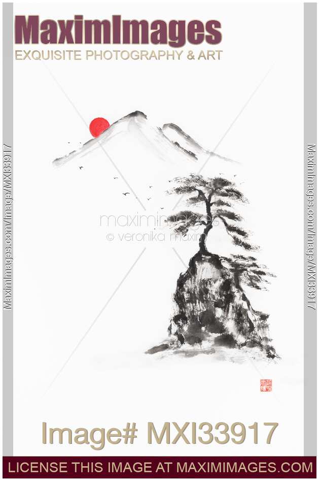 Old pine tree growing on top of a rock in sunrise. Oriental Zen sumi-e painting