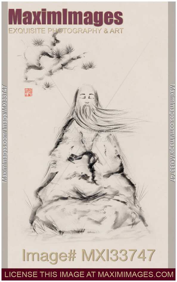 Old Taoist sage master Laozi meditating under a pine branch Zen illustration