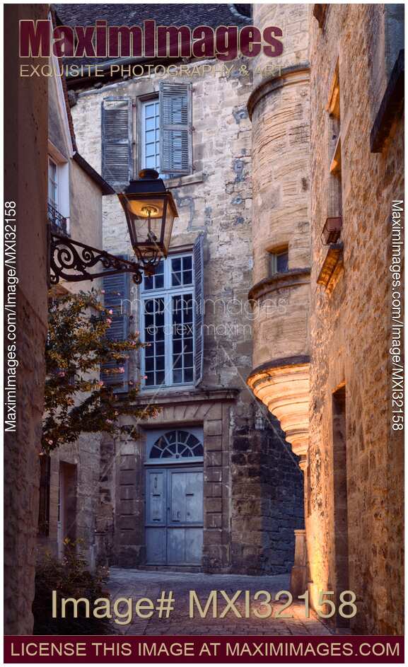 Old town streets with sandstone buildings at dawn in South of France
