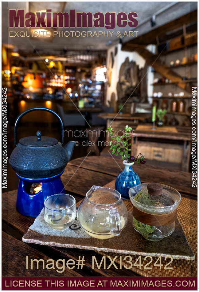 Oolong tea steeping in a glass teapot at traditional Chinese tea house