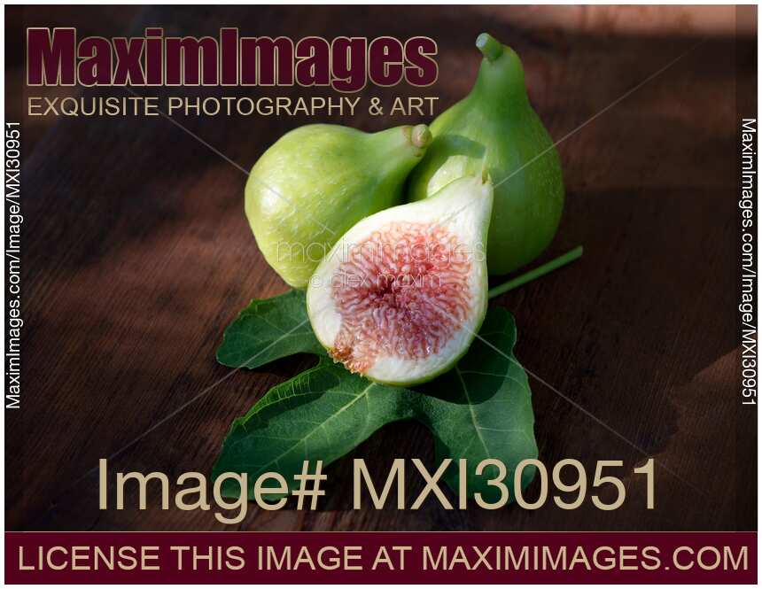Organic freshly picked ripe Kadota figs on a fig leaf food still life