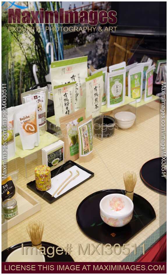 Organic Matcha tea of different grades and a bowl with utensils for matcha tea sampling in a store in Japan