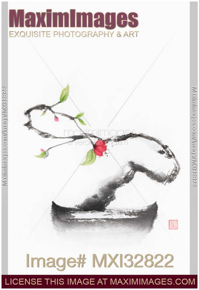 Oriental sumi-e painting of a dreamy Zen bonsai sakura tree with a red flower