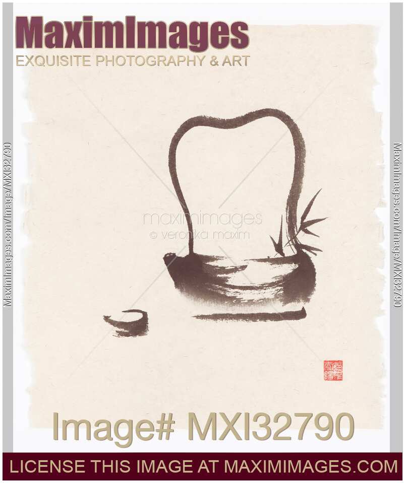 Oriental Zen fine art painting of antique Japanese teapot with a tea cup on rice paper