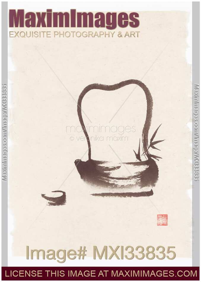 Oriental Zen fine art painting of antique Japanese teapot with a tea cup on rice paper