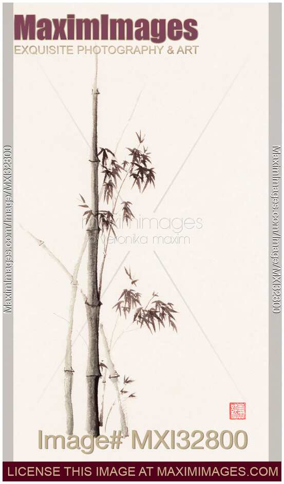 Oriental Zen sumi-e painting of young bamboo stalks with leaves on light beige rice paper