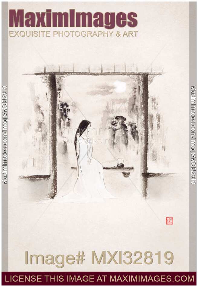 Original Zen painting of an asian woman drinking tea by the full moonlight