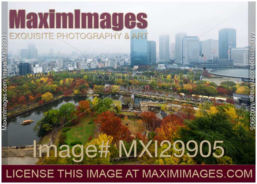 Osaka Castle Park and Chuo-ku financial distric city skyline aerial view