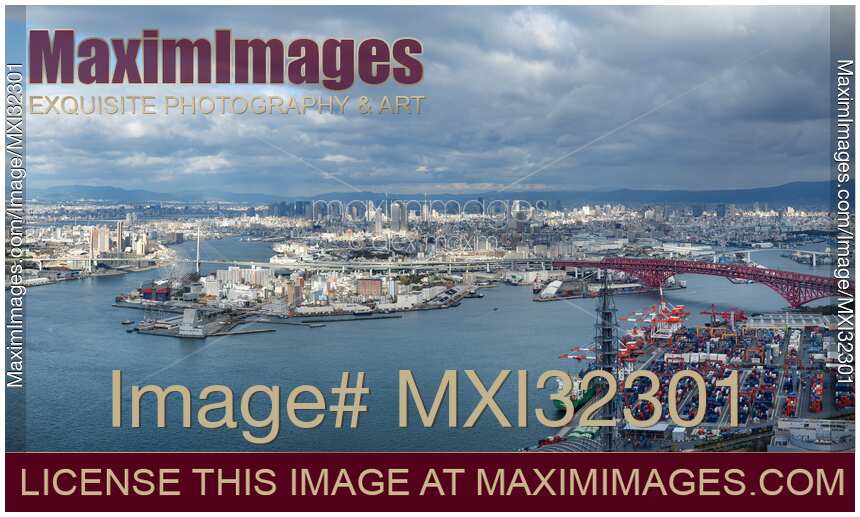 Osaka city skyline scenery Osaka Bay panorama Tempozan and Minato bridges and the port