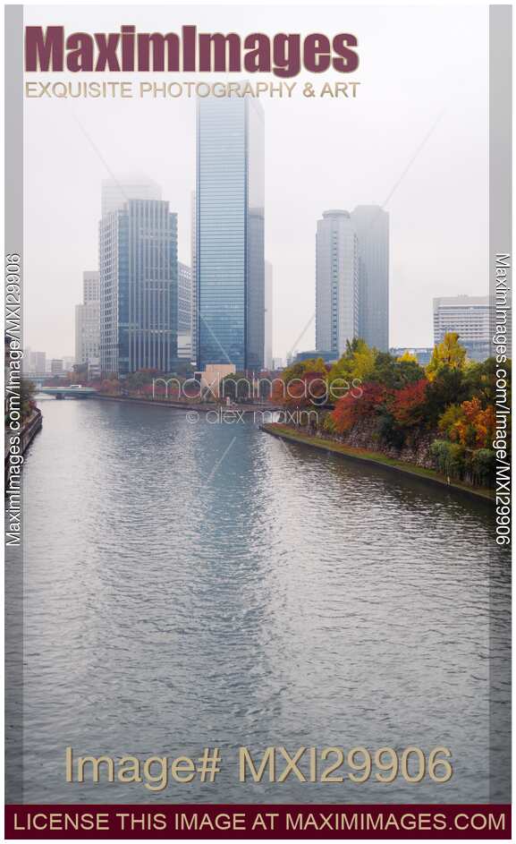 Osaka downtown Chuo-ku financial distric high-rise towers and Okawa River